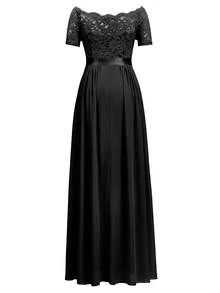 MIUSOL Elegant Women's Floral Lace Boat Neck Contrast Chiffon Maxi Dress With Ruffle Trim Flowing Hem, Formal A-Line Gown For Wedding Guest, Evening Party And Holiday - 黑色 - 查看 8