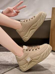 White Platform Sneakers For Women, Thick Sole Increase Height Casual Lace-Up Trainers, Khaki Color, Suitable For Daily, Outdoor Sports & Leisure, 2025 Spring New Arrival - Khaki - View 3