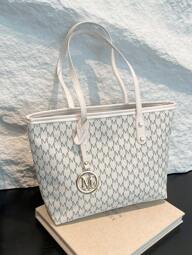 1pc White Vintage Floral Letter Decor Metal Hardware PU Tote Bag, Large Capacity Women Shoulder Bag (Metal Pendant Left/Right Random, Not Fixed)