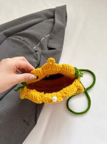 [Finished Product] Reversible Sunflower Print Handmade Crochet Woven Crossbody Bag, Knitted Purse, Key & Coin Pouch - Yellow - View 4