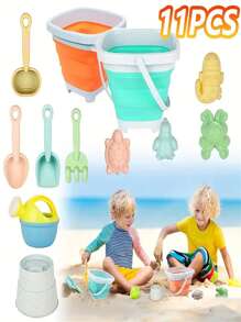 11pcs Children Outdoor Snow Shovel+Beach Toys Water Park Beach Sand Digging & Water Play Tools, Foldable Beach Bucket, Convenient Carry, Parent-Child Interaction Fun Sand & Water Play Set (Style, Accessories & Color Are Random)