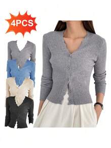 4 PCS Cárdigan de punto acanalado con ribete de vieira, tops de manga larga - Multicolor - Ver 1