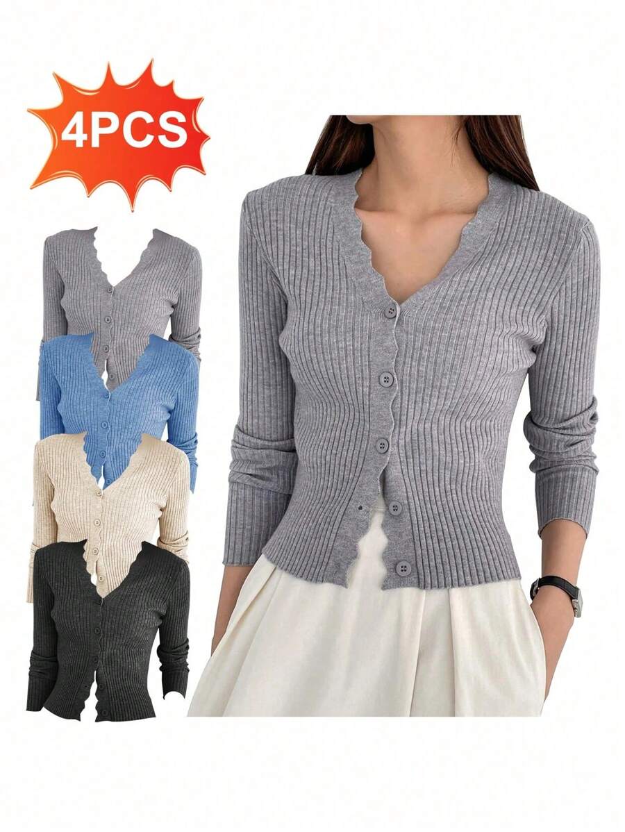 4 PCS Cárdigan de punto acanalado con ribete de vieira, tops de manga larga - Multicolor - Ver 1