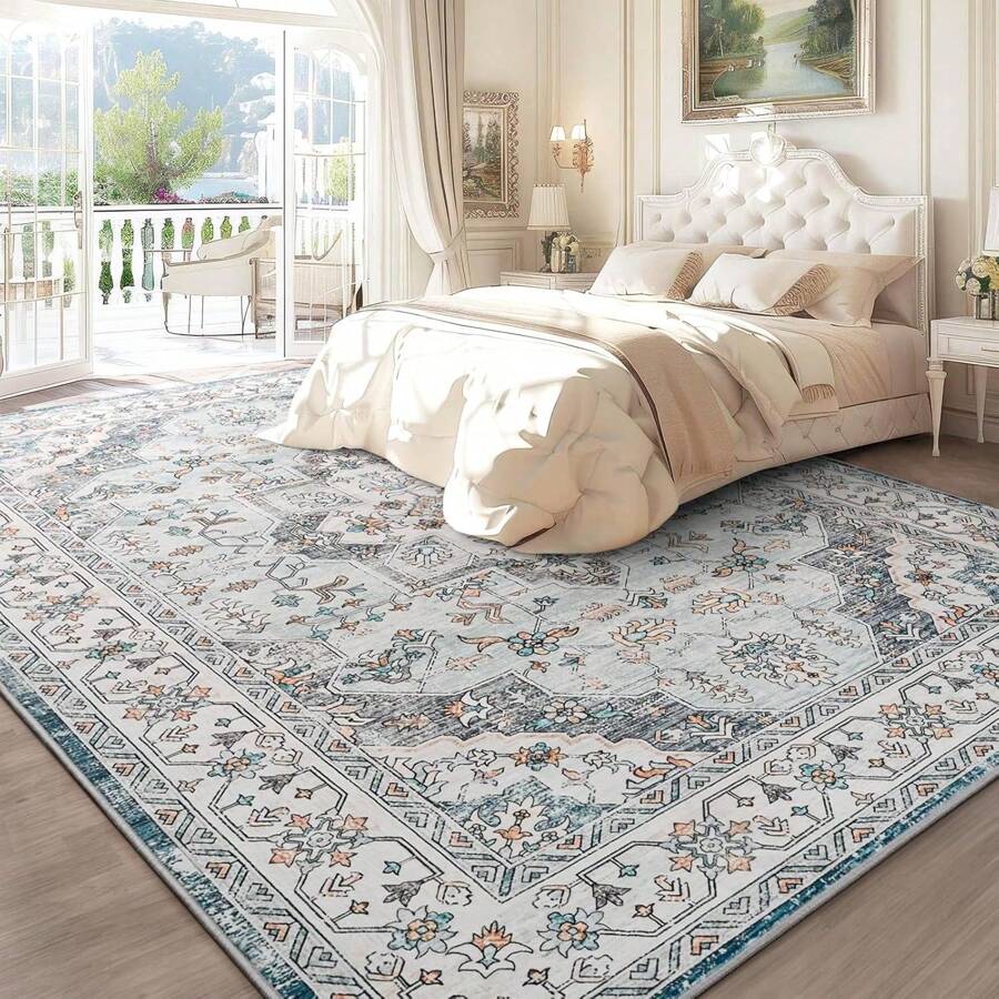 Alfombra vintage para sala de estar, lavable con medallón floral para dormitorio, de lana sintética, ultra suave, estilo retro, antideslizante, para cocina, oficina, comedor. - Azul - Ver 1