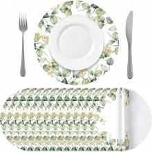 10 件桉树叶圆形纸质餐垫，绿灰色一次性餐具垫，适用于餐桌、厨房、乡村婚礼、节日、淋浴、生日派对装饰