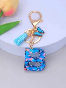 1pc Women's Initial Letter Black Butterfly Glitter Crystal Resin Epoxy Keychain With Butterfly Tassel Decor
