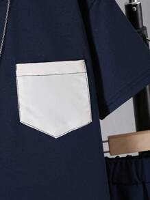 2pcs/Set Tween Boy Daily Casual Fashion Contrast Color Pocket Short Sleeve Tee And Contrast Color Patchwork Cargo Shorts Set, Spring Summer - Navy Blue - View 4