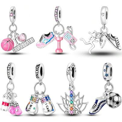 1 Pc Sliver Color Exquisite Colored Enamel Zirconia Sports Fitness Collection Basketball Football Boxing Sandbag Gloves Dumbbell Running Yoga Pendant Charm Fit Original Bracelet Necklace Pendant Beads For Diy Jewelry Making Women Girl Daily Jewellery Gift