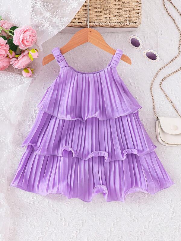 Summer Sleeveless Shirred Cake Dress For Baby Girls, Solid Color Suspender Design For Summer