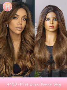 (Brown Omber)U-Part Lace Wigs 4*2 24 Inch Body Wave Long Wigs Synthetic Fiber Heat-Resistant Wig Elastic Mesh Cap Suitable For All People Fully Machine Manufactured For Daily Gatherings, High-Quality Women's Natural And Beautiful Synthetic Soft Fake Fiber Hair