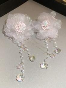 Set de 2 piezas de aretes y collar con flor de malla rosa de aguja plateada y borla de perlas falsas, diseño dulce y Charm elegante para San Valentín