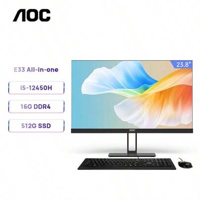 AOC Computadora todo en uno E33, PC para oficina en el hogar/negocios de 23.8 pulgadas, I5-12450H (4,4GHz), 16GB DDR4, 512GB SSD, WiFi 5, pantalla IPS de alto rango de color, combo de teclado alámbrico, Windows 11 Pro