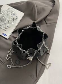 1pc Nylon Plain Drawstring Bucket Bag With Chain Strap, Fashion Pearl Shoulder Handbag For Women - Multicolor - View 10