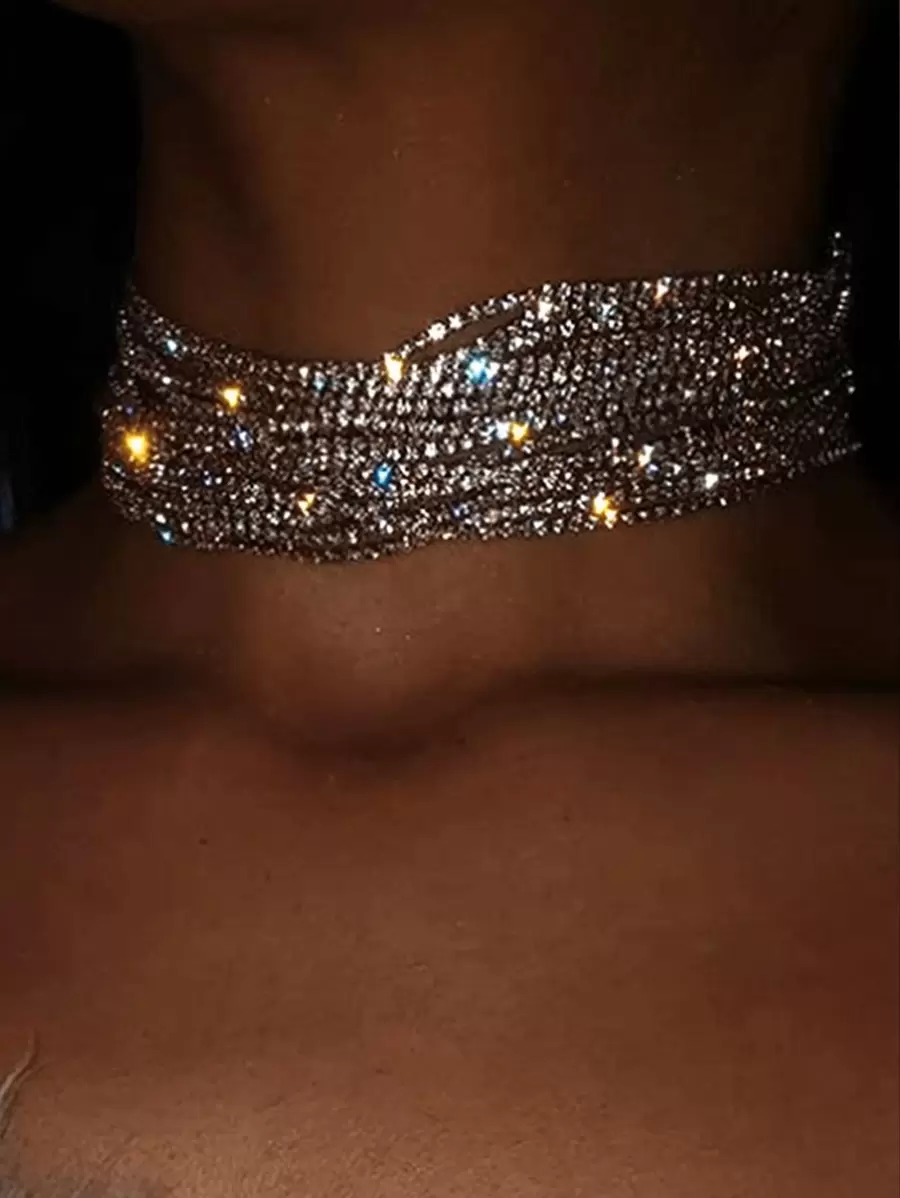 1 pieza Collar de mujer sexy de varios niveles con flecos, collar nupcial brillante con cristales para fiesta nocturna, boda - Plateado - Ver 1