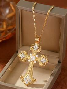 1 件女式复古风格 18K 镀金铜锆石吊坠项链，带珍珠，适合节日礼物和日常佩戴，天鹅绒袋包装 - 彩色 - 查看 2