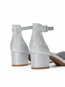 Women's Ankle Strap Chunky Heel Pumps Closed Round Toe Low Block Heels Elegant Simple Wedding Office Party  Dress Shoes - 銀色 - 查看 7