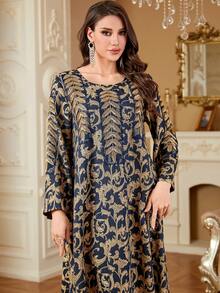 女士优雅亮片珠饰蕾丝拼接圆领长款阿拉伯风格连衣裙，绿色，朴素的卡夫坦 - 藏蓝色 - 查看 5