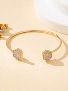 1pc Women's Fashion Open Bangle Bracelet, Elegant Adjustable Resin Inlaid Minimalist Jewelry - White - View 5