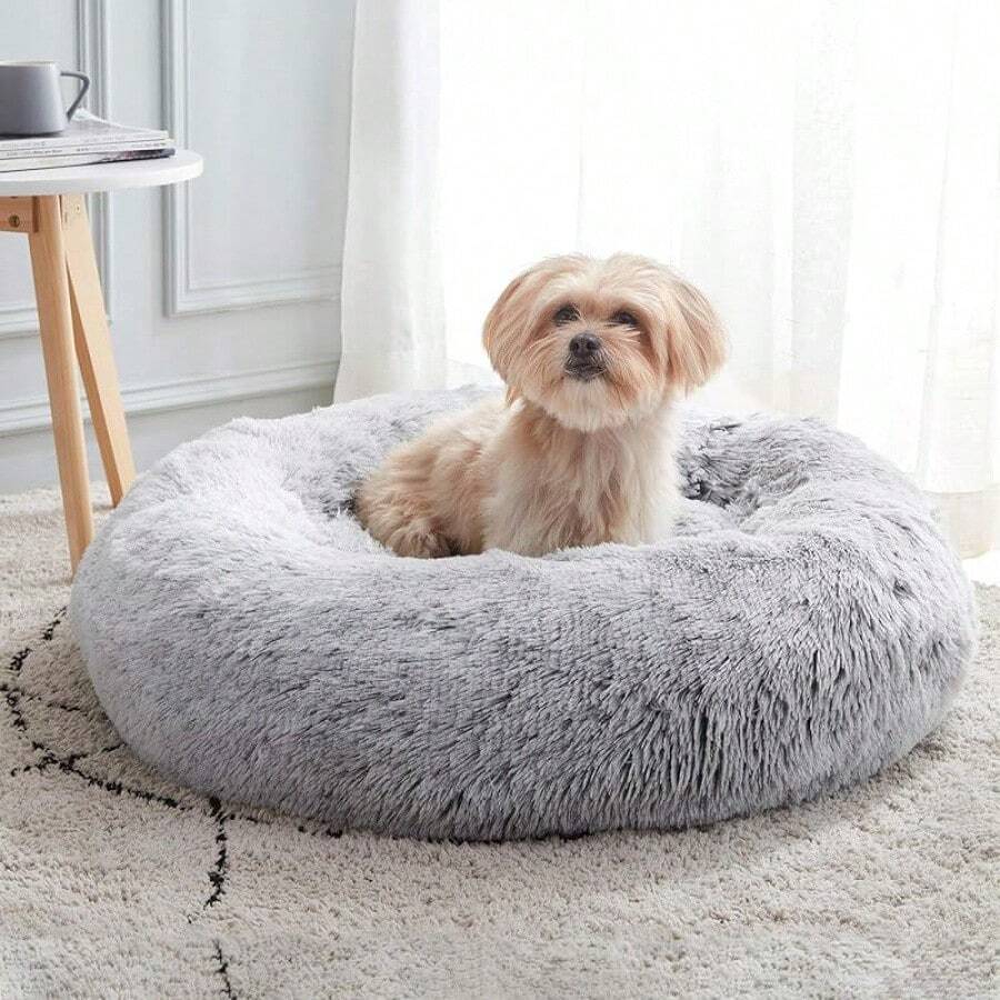 WESTERN HOME Dog & Bed, Anti-Anxiety Donut Cuddler Warming Cozy Soft Round Bed, Fluffy Faux Fur Plush Cushion Bed Small Medium Dogs And Cats (20/24/27/30) - 淺灰色 - 查看 1