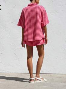 Womens Fashion 2 Piece Casual Tracksuit Outfit Sets Long Sleeve Shirt Loose High Waisted Shorts Set - Pink - View 8