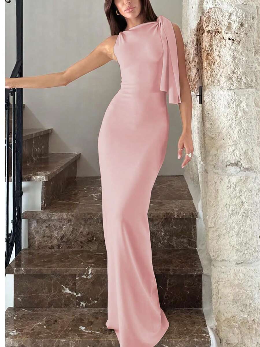 女士纯色不对称领无袖长裙优雅朴素度假派对节日春夏装