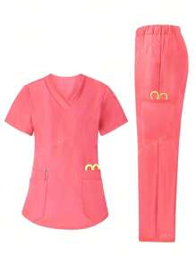 Ensemble uniforme de Top à poche col V manches courtes couleur unie et pantalon pour femmes