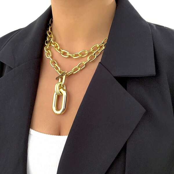 1 pezzo Collana minimalista alla moda in metallo con catena spessa e dorata, multistrato, adatta per feste e uso quotidiano delle donne