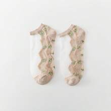 5 Pairs Women's Summer Crystal Mesh Socks, Lightweight Breathable Glass Crystal Socks With Embroidered Ditsy Floral Details, Machine Washable, Cute Invisible Boat Socks, Ladies Stockings And Socks