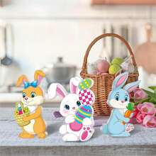 Letreros de madera de Pascua 2D con forma de conejito de dibujos animados, bandejas escalonadas de primavera para decorar el hogar. - Multicolor - Ver 5