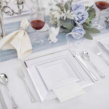 350Pcs Silver Plates - Silver Square Plastic Plates Include 50 9 .5" Dinner Plates 50 6" Dessert Plates 50 Cups 50Plastic Cutlery 50Hand Napkins Perfect For Party&Wedding&Birthday - 銀色 - 查看 3