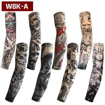 8pcs/Set Men's Thin Arm Sleeves UV Protection Tattoo Sleeves Sun Protection Sleeves, Cool For Summer Cycling Fake Tattoo Arm Warmers Autumn Outfits Halloween Costumes Black Arm Sleeve Gifts For Men