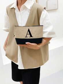 1pc Initials Printed Patchwork Women's Handbag, Makeup Bag, Teacher's Day Gift, Reusable Handbag, Women's Simple And Large Capacity Travel Makeup Bag, Multi-Functional Portable Women's Gift, Portable Leisure Storage Bag