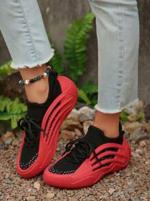 Women's Casual Sport Shoes, Knit Elastic Band Breathable Running Shoes, Outdoor Fitness Trekking Sneakers