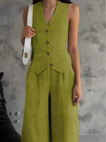 两件套女士纯色纽扣深V领无袖背心搭配高腰阔腿裤（带口袋），休闲套装，适合夏季、毕业典礼、度假等场合。亚麻色套装，春夏休闲两件套，度假装，女装，复古风格，圣帕特里克节服装，复活节连衣裙 - 淺綠色 - 查看 3