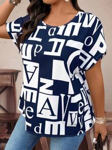 Plus Size Loose Stylish Printed Casual T-Shirt, Flattering - Blue Background Printing - View 6