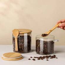 1pc 17oz Sealed Glass Jar With Bamboo Lid And Spoon - Reusable, Dishwasher Friendly Canister For Sugar, Coffee, Spices Etc. - Round Design For Easy Access