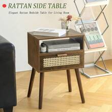 MaxSmeo Bedside Table, Small Nightstand With Charging Station, Rattan Side Table Wood End Table For Living Room, Bedroom And Small Spaces, Mid Century Modern Nightstand, Easy Assembly (Natural)