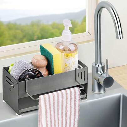Schwammhalter für die Küchenspüle, Spülbeckenregal aus Edelstahl mit automatischer Ablaufschale, Küchenspülenregal für Schwämme, Bürsten, Seife, Geschirrtücher