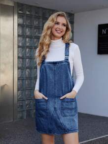 Vestido peto vaquero de mujer casual de verano, con tirantes ajustables y holgado - Azul - Ver 2