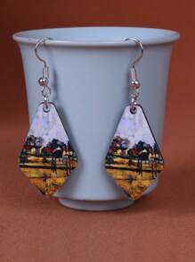 1 Pair Vintage Style Double-Sided Painting Wooden Geometric Earrings, Suitable For Everyday Wear And Vacation