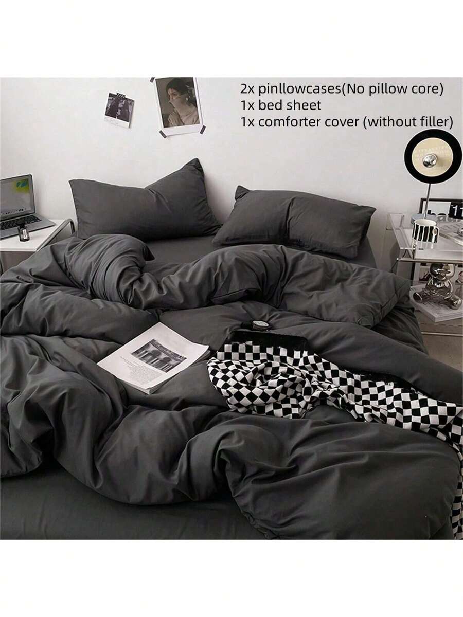 Bộ chăn ga gối đệm chần bông màu trơn 4 món, 1 vỏ chăn, 1 ga trải giường phẳng và 2 vỏ gối, không có ruột gối hoặc ruột chăn, Bộ chăn ga gối đệm chắp vá màu trơn tối giản, Thích hợp trang trí phòng ngủ, Có thể giặt bằng máy, Quà tặng Halloween - Nhiều màu - Xem 1