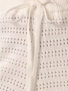 女士纯色夏季海滩镂空抽绳腰部罩衫白色沙滩短裤 - 白色 - 查看 3