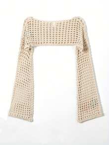 女士春夏休闲时尚度假海滩风格海星刺绣设计超短长袖针织毛衣套头衫镂空半透明上衣 - 杏色 - 查看 2