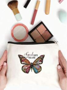 1pc Christian Makeup Bag, Jesus Printed Cosmetic Bag, God Letter Printed Makeup Bag, Faith Conquers Fear Christian Print Cosmetic Bag, Zipper Versatile Storage Bag, Christian Gifts For Women Girl,Christian Gift Bags, Inspirational Gifts For Women Girls,Thank You Gift Makeup Bag, For Travel Business,Vacation,Daily,Sports,Fitness,Beach Make Up Bag - Beige - View 3