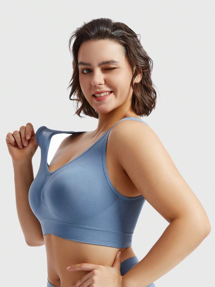 1pc Plus Size Wire-Free Padded Plunge Bra, Comfortable & Supportive - Dusty Blue - View 1