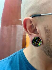 1 Pair Glass Waist Drum Ear Gauge Transparent Lines Black 8- 25mm Stretcher Expander Piercing Body Jewelry