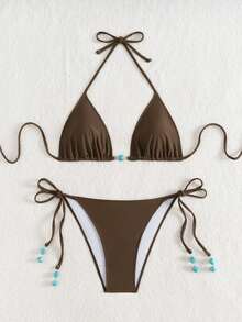 夏季新款细肩带后系带棕色比基尼泳裤，侧系带蓝色串珠末端，女式两件套泳衣