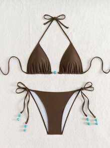 Nuovo costume da bagno estivo da donna, con parte inferiore a spaghetti con fiocchi sul retro in marrone e parte superiore blu a due pezzi con pendenti di perline laterali