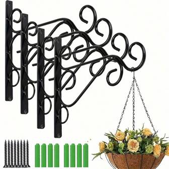 4 X BLACK Hanging Basket Bracket - Fittings Included – Heavy Duty Hanging Basket Brackets Outdoor - Hanging Hooks - Elegant Design To Display Your Outdoor Flower Baskets And Bird Feeders