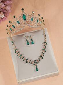 Set de 4 piezas de joyería para niñas con collar y aretes con corona de rhinestone, accesorios de disfraz para fiesta infantil, también es un gran regalo de cumpleaños para una amiga pequeña